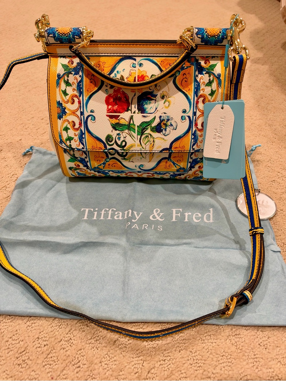 Tiffany & Fred Yellow Floral Printed Top-Handle Satchel with Blue Accents